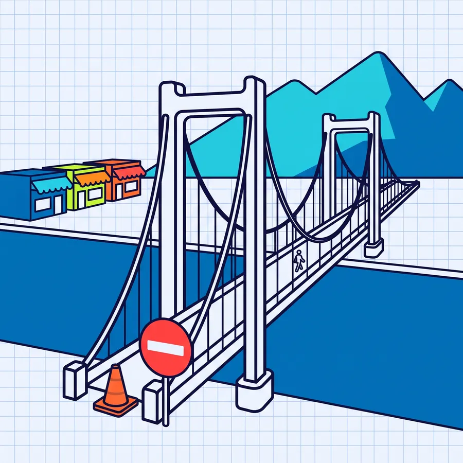 Ilustración del puente colgante Presidente Ibáñez con una señal de tránsito cortado