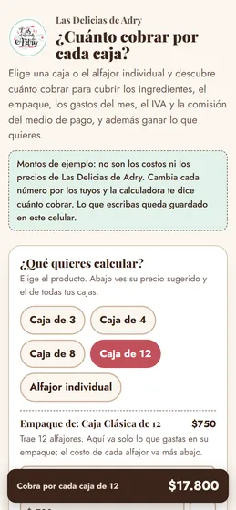 Calculadora de precios de Las Delicias de Adry en el celular